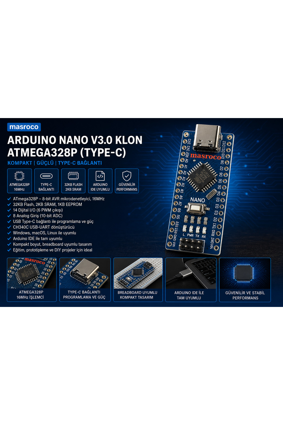 Arduino Nano v3.0 Klon– ATmega328P Type-C (Header + USB Kablo Dahil ...