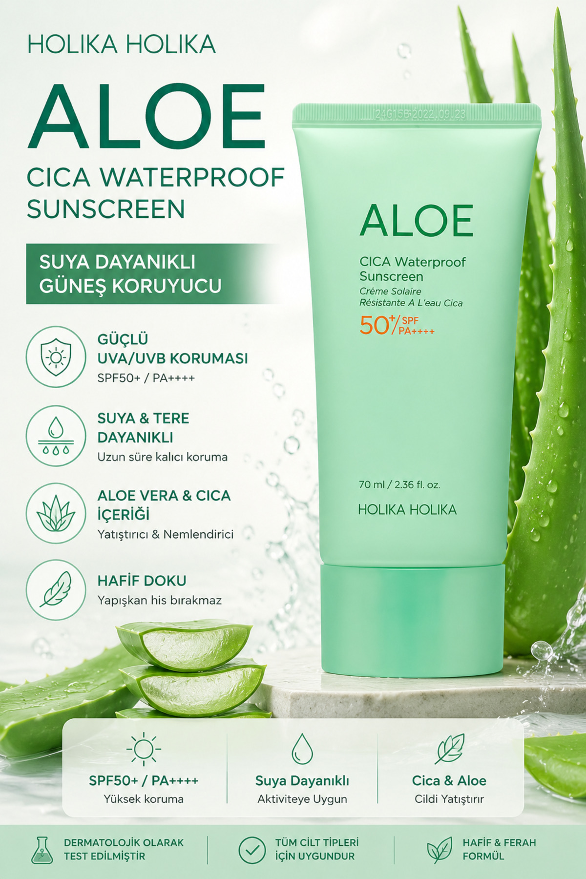 Holika Holika Aloe Cca Waterproof Sunscreen Spf50 (Water and Sweat  Resistant Sunscreen for Sensitive Skin 70ml)- Trendyol