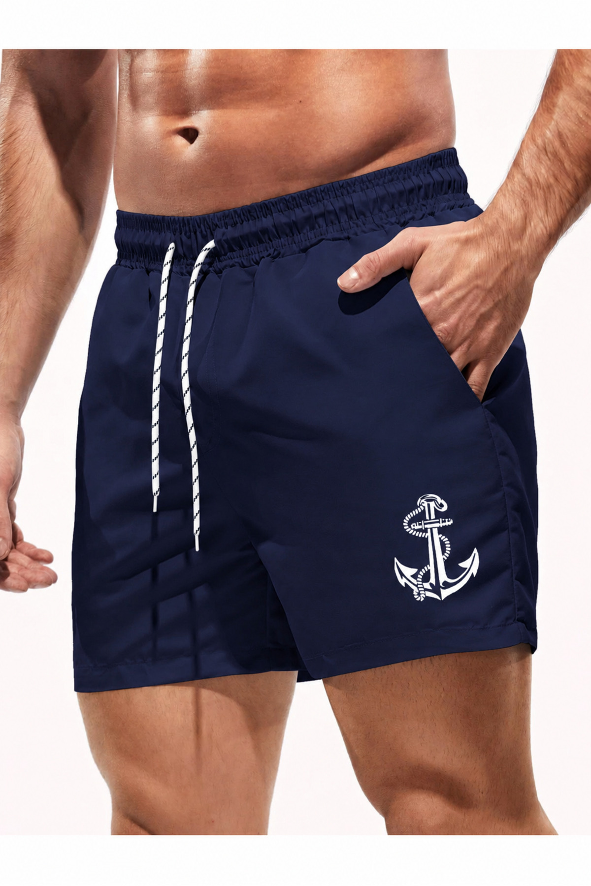 Navy Blue Men's Anchor Printed Basic Plus Size Plus Size Swimwear Sea Shorts