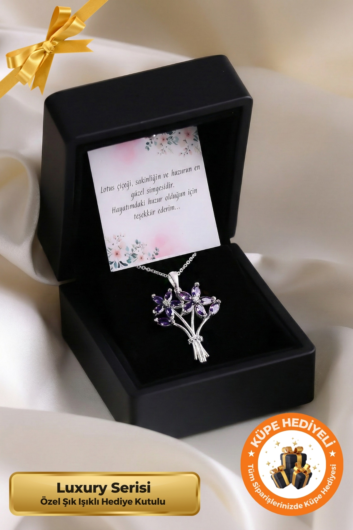 Lucente Jewellery Işıklı Hediye Kutulu 925 Ayar Luxury Serisi Mor Taşlı Lotus Kamelya Çiçeği Buketi Gümüş Özel Gün Hediyesi 45 Cm Zincirli Aşk Sevgi Dostluk Simgesi Küpe Hediyeli Markiz Kesim Taşlı Çiçek Buketi Kolye