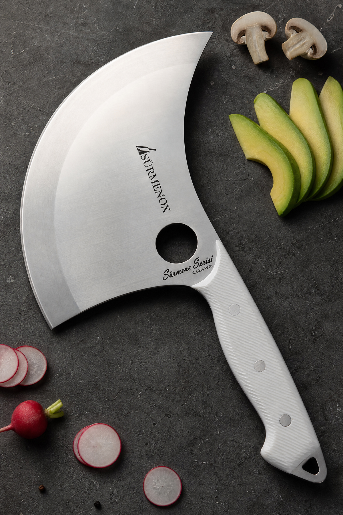 Sürmene Series Crescent Dumpling Pizza Knife White Verzalite Handle Pita Salad Minced Kitchen Knife (Mft-001)