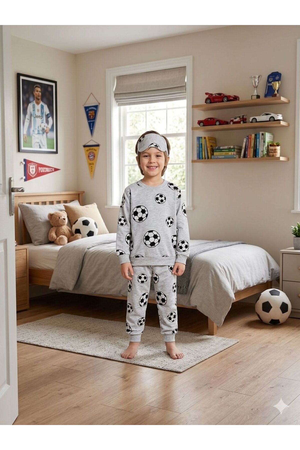 ALİŞ KİDS Boy's Cotton Piece Gray Football Ball Patterned Long Sleeve Eye Patch Transitional Pajama Set