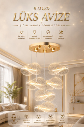 Elvora Home Modern (PREMİUM) LED Avize 6’lı Sarkıt Yuvarlak Tasarım Gold Salo...