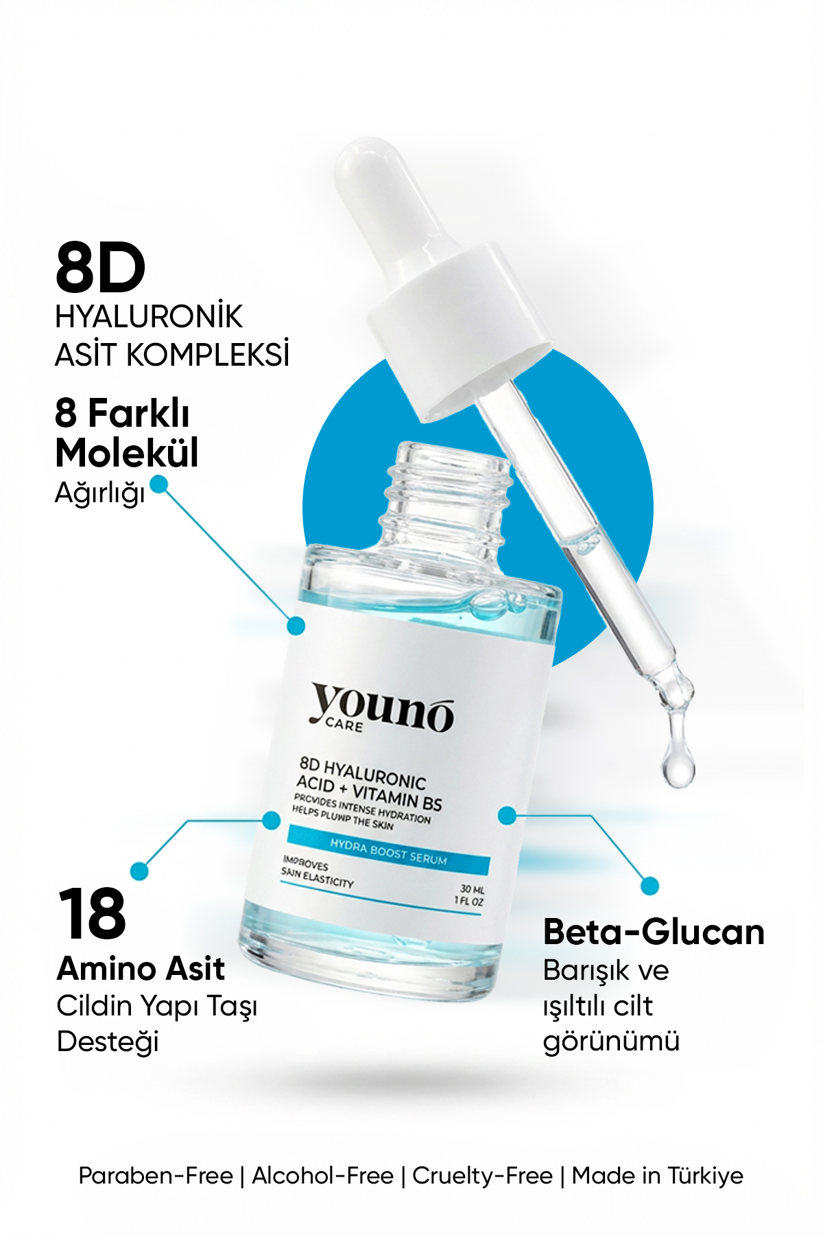 8D Hyaluronik Asit Serum 30 ml| Yoğun Nemlendirici Serum 18 Amino Asit, Beta-Glucan, Panthenol, Urea — YC-SKN-HBS-30 — تصویر 2 از 8