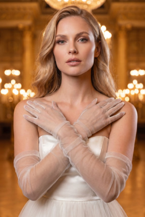 Elegance Scarf Uzun Beyaz Tül Eldiven Gelin Nikah İmza Söz Kına Davet Parti
