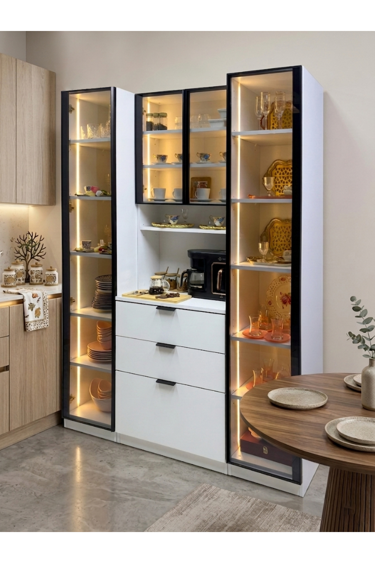 Diva Multipurpose Cabinet with Led 1 Door x2 3 Drawers Coffee Corner Kitchen Cabinet Plain White