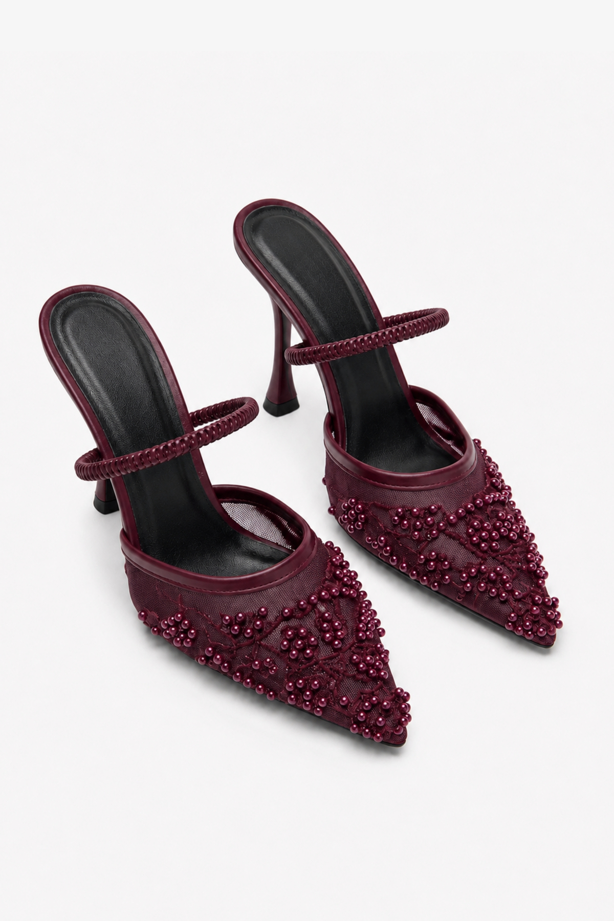 BonuStep Calista Kadın Bordo Dantelli File Nakış Ve Boncuk Detaylı Topuklu Ayakkabı 9cm görsel 2