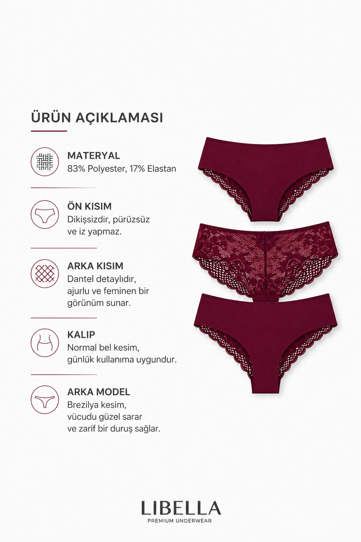 LİBELLA İÇ GİYİM Yeni Sezon Premium Büyük Beden Dantelli Lazer Tül Detaylı Şık Brezilya Külot Bordo 3'lü Paket görsel 3