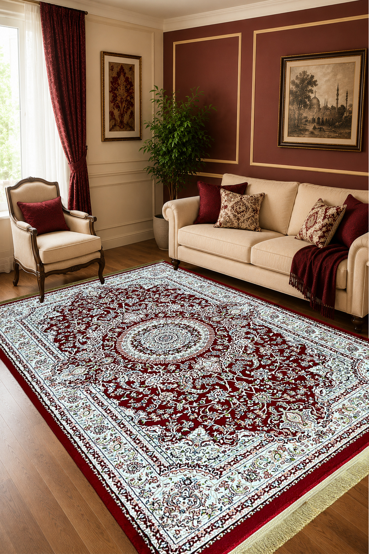 4 Square Meters - 6 Square Meters Modern Living Room Rug Soft Texture Antiallergic Silk Red