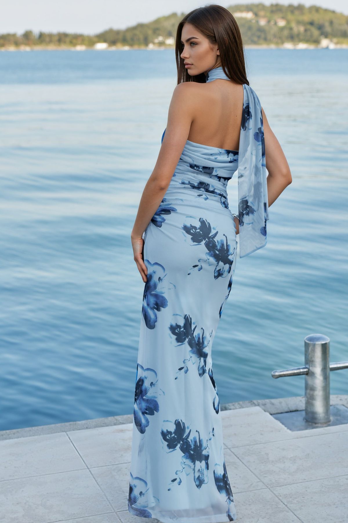Hiccup Straplez Desenli Bodycon Maxi Tül Elbise görsel 3
