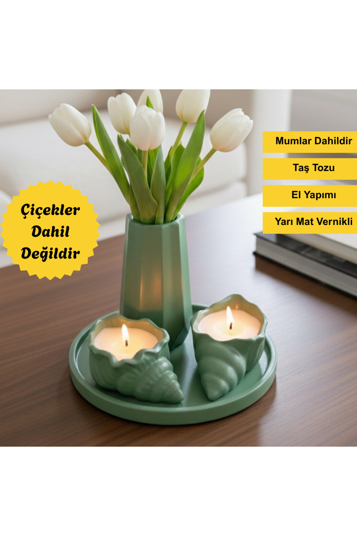 4-Piece Green Bohemian Set - Oyster Candle, Vase, Round Tray (FLOWERS NOT INCLUDED)