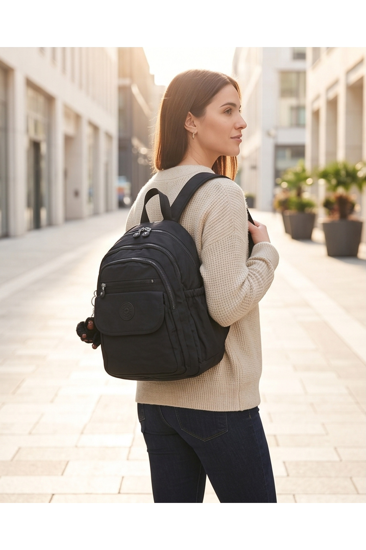 Mypolo 2114-8675 Kadın Krinkıl Kumaş Çok Gözlü Astarlı Petli Su Geçirmez Günlük Mini Sırt Çantası görsel 7