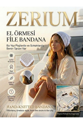 ZERİUM El Yapımı Kadın Örgü Bohem File Yazlık Bandana Düz Ekru