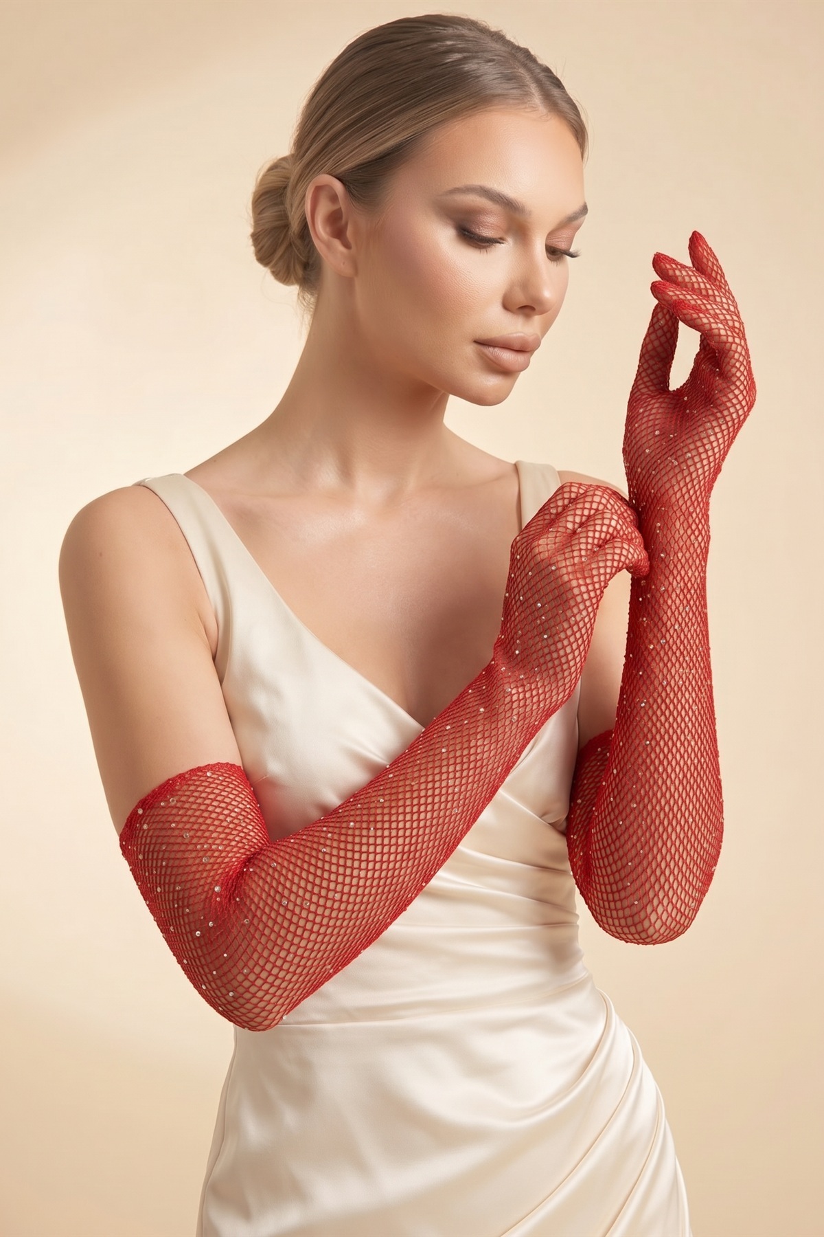 Elegance Scarf Uzun File Taşlı Eldiven Kırmızı Abiye Davet Gece Parti Söz Kına Nişan Mezuniyet görsel 3