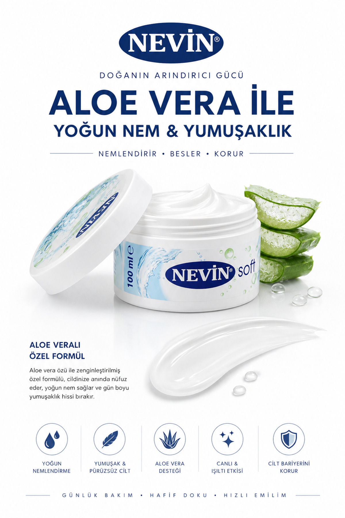 nevin Soft Nemlendirici Bakım Kremi, Aloe Veralı, Hızlı Emilim, Su Bazlı, 100ml, El Yüz Vücut — 0062