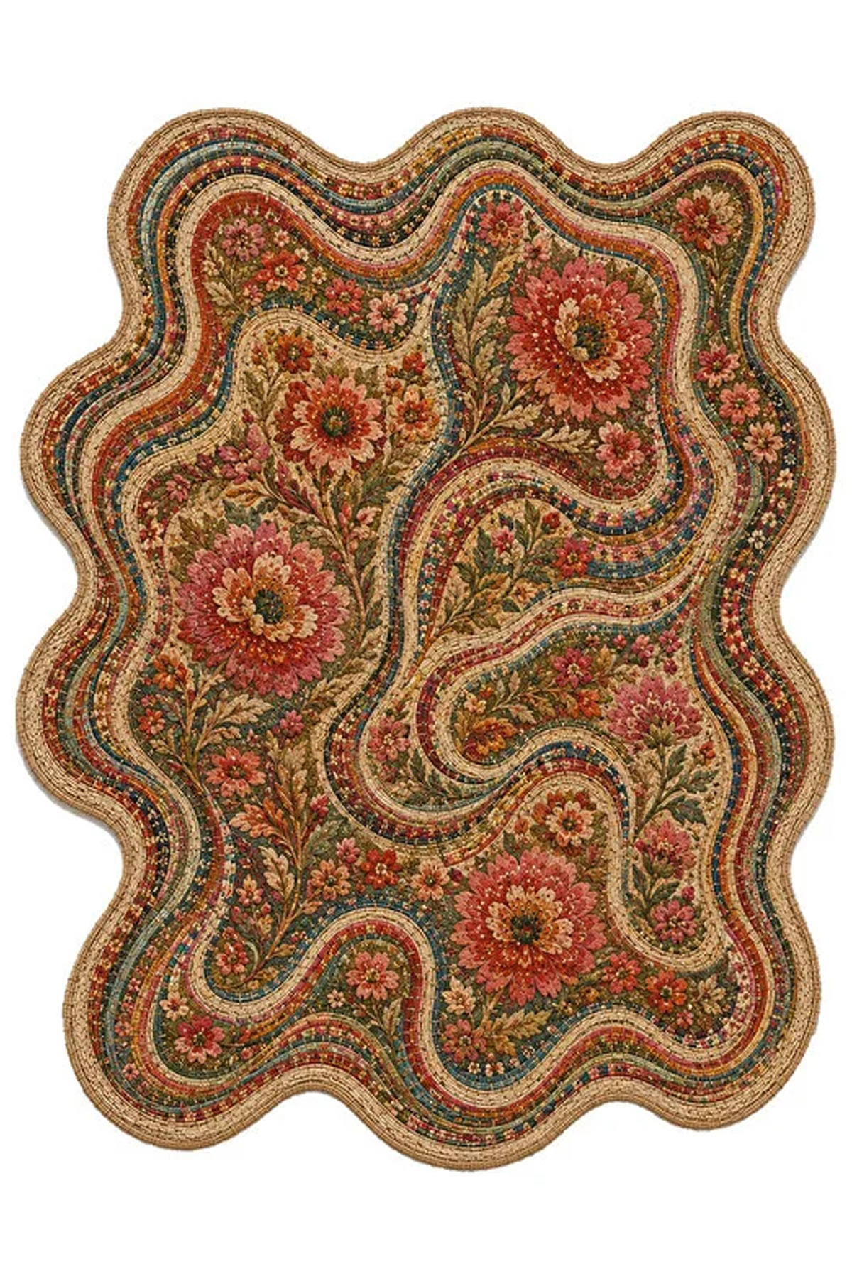 SDT Vintage Floral Patterned Beige Shaped Woven Base Decorative Rug sdt1523