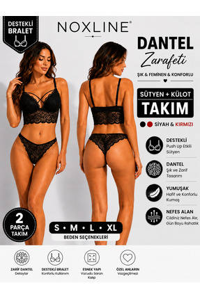 NOXLİNE Destekli Dantel Bralet Külot Takımı Kadın İç Giyim Seti Push Up Sütye...