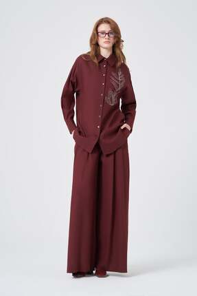 FTZ WOMEN Kadın Zincir İşleme Tencel Keten Takım Bordo 31374