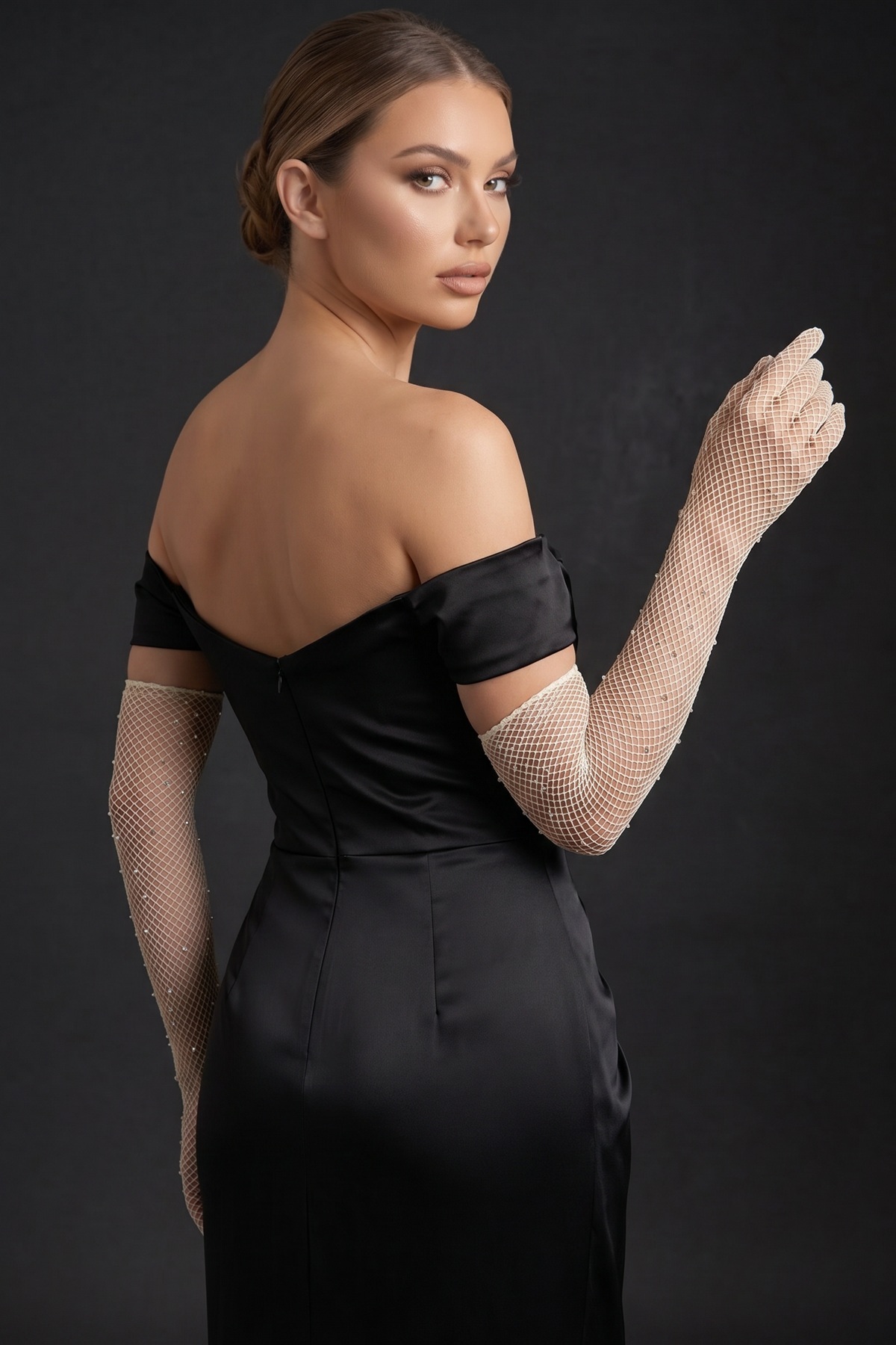 Elegance Scarf Uzun File Taşlı Eldiven Kırık Beyaz Nikah Abiye Davet Gece Söz Kına Nişan Mezuniyet görsel 4
