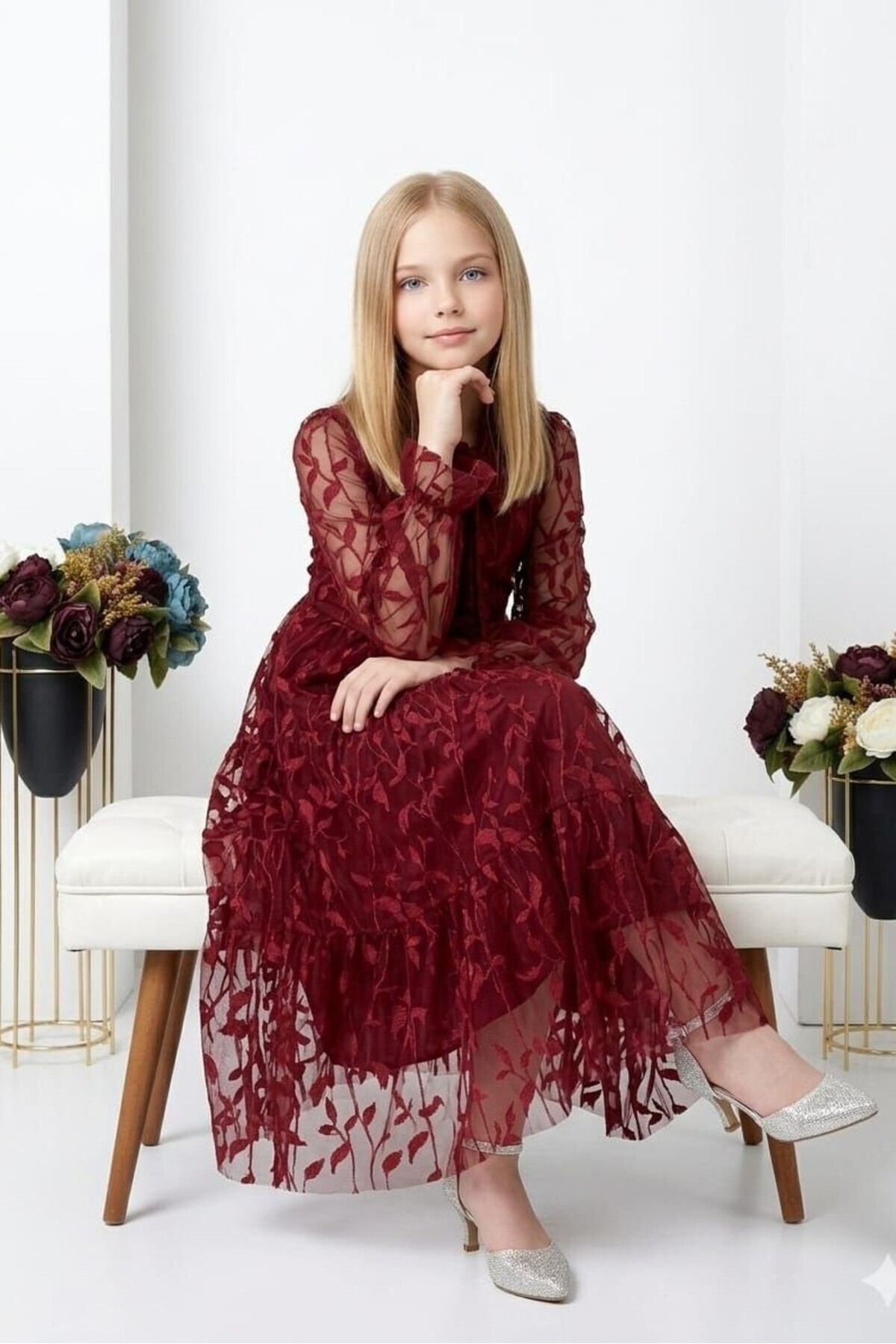 ABİYEKİDS Dantelli Yaprak Desenli Tam Boy Bordo Çocuk Abiye Aby4463