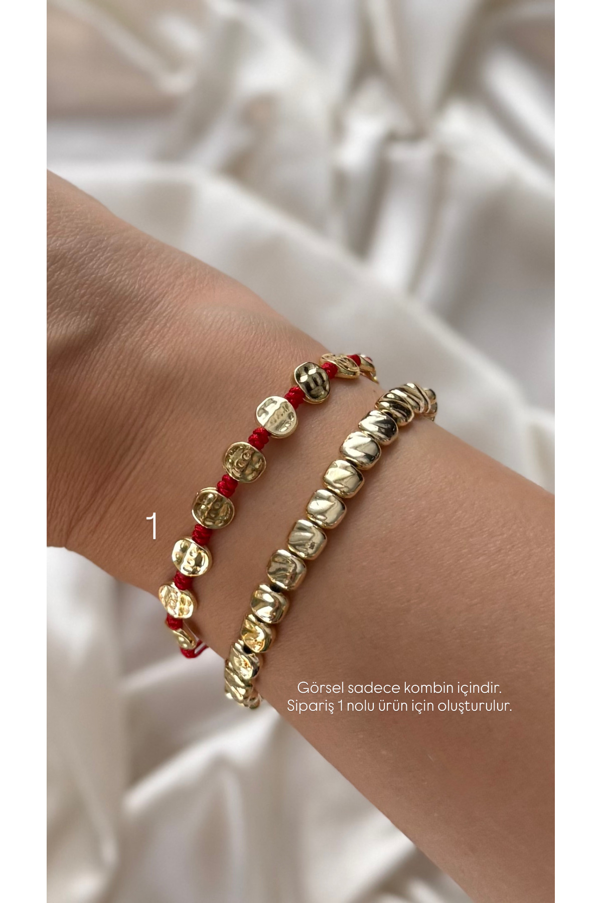 ADENNA JEWELRY Kırmızı İpli Gold Çelik Asansörlü Ayarlanabilir Bileklik Yuvarlak Form görsel 2