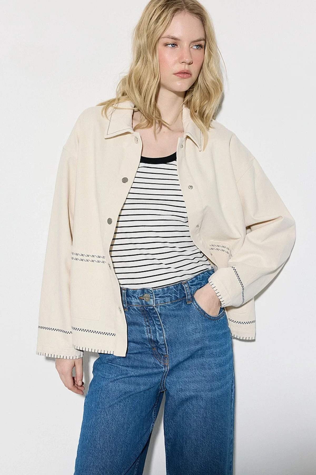 Gusto Nakışlı Kanvas Denim Ceket - Ekru görsel 6