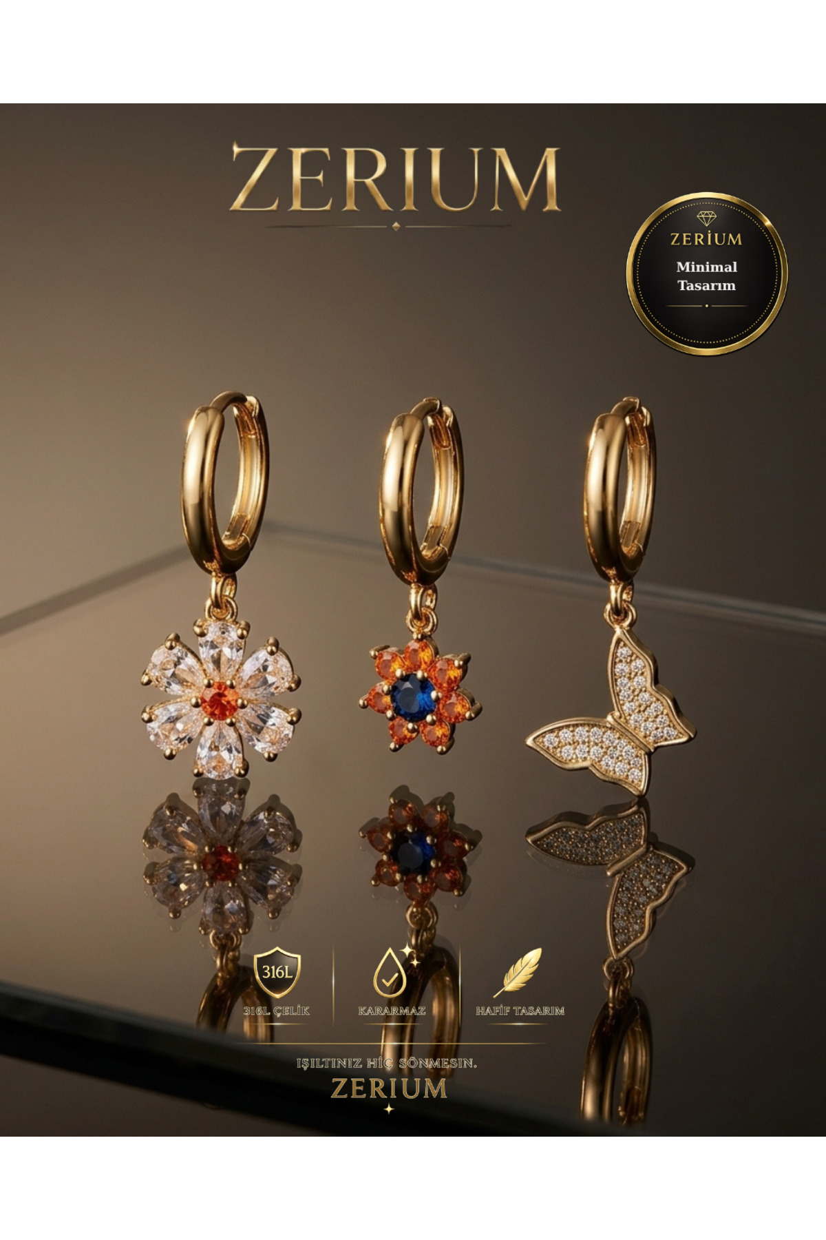Women's Gold Steel 3-Piece Earring Set Colorful Gemstone Flower and Butterfly Combination
