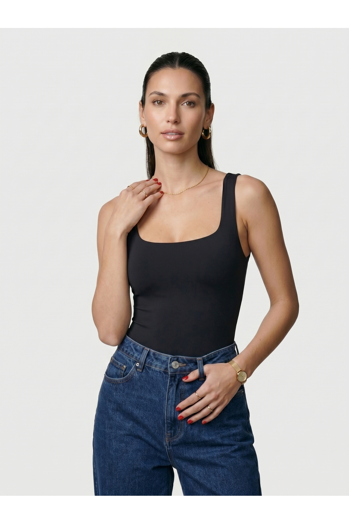 Kadın Kare Yaka Kalın Askılı Çıtçıtlı Body Slim Fit Dar Kalıp Likralı Bodysuit - Siyah