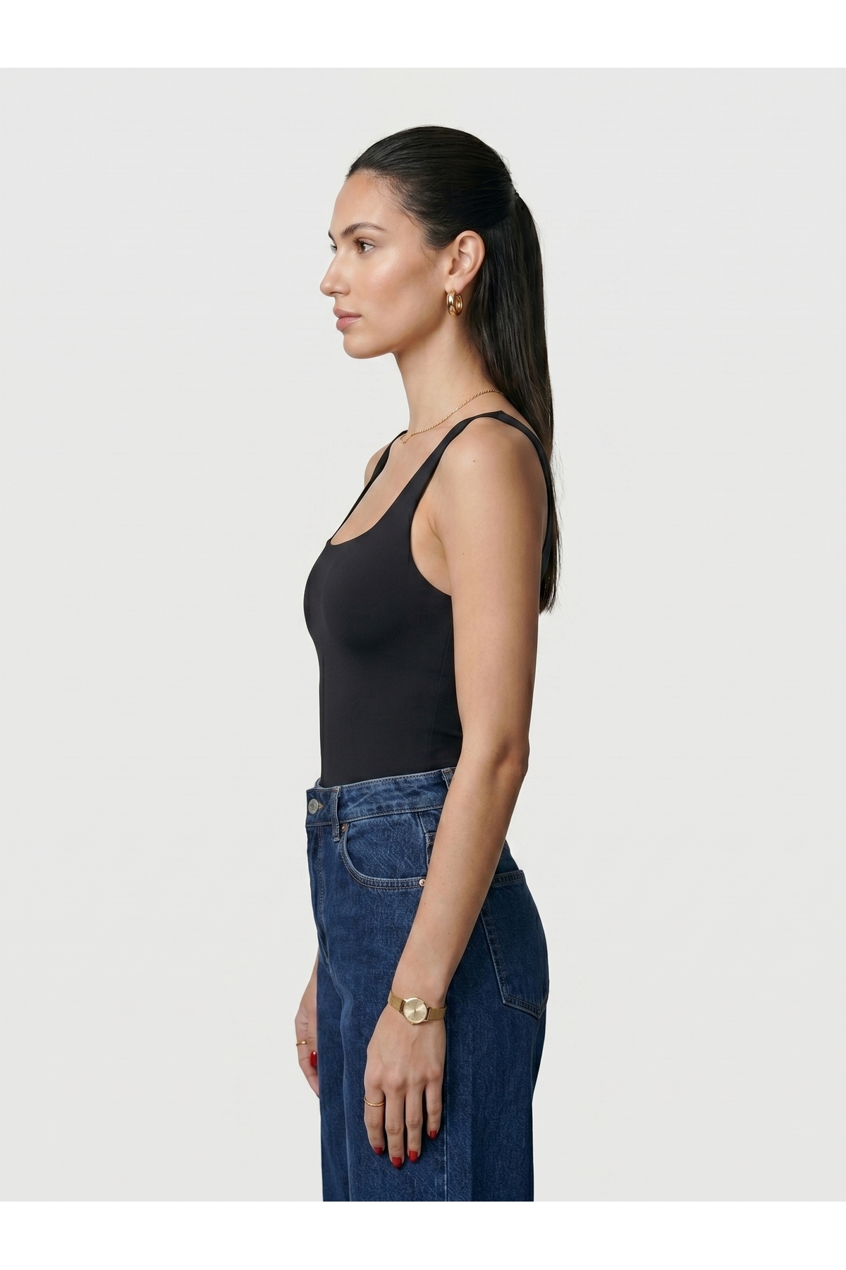 Kadın Kare Yaka Kalın Askılı Çıtçıtlı Body Slim Fit Dar Kalıp Likralı Bodysuit - Siyah 3