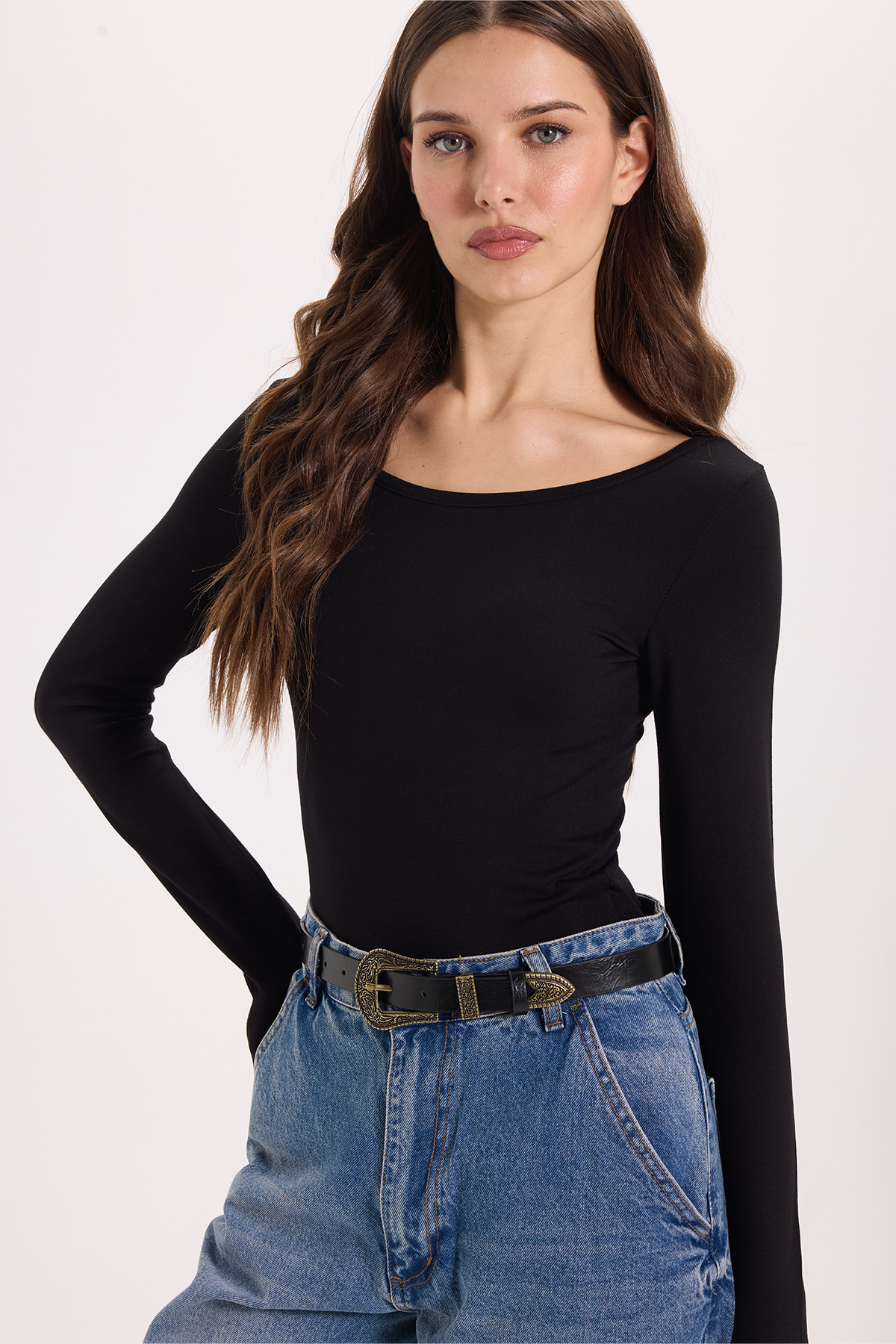 Tudors Kadın Slim Fit Dar Kesim Uzun Kollu Viskon Siyah Bluz