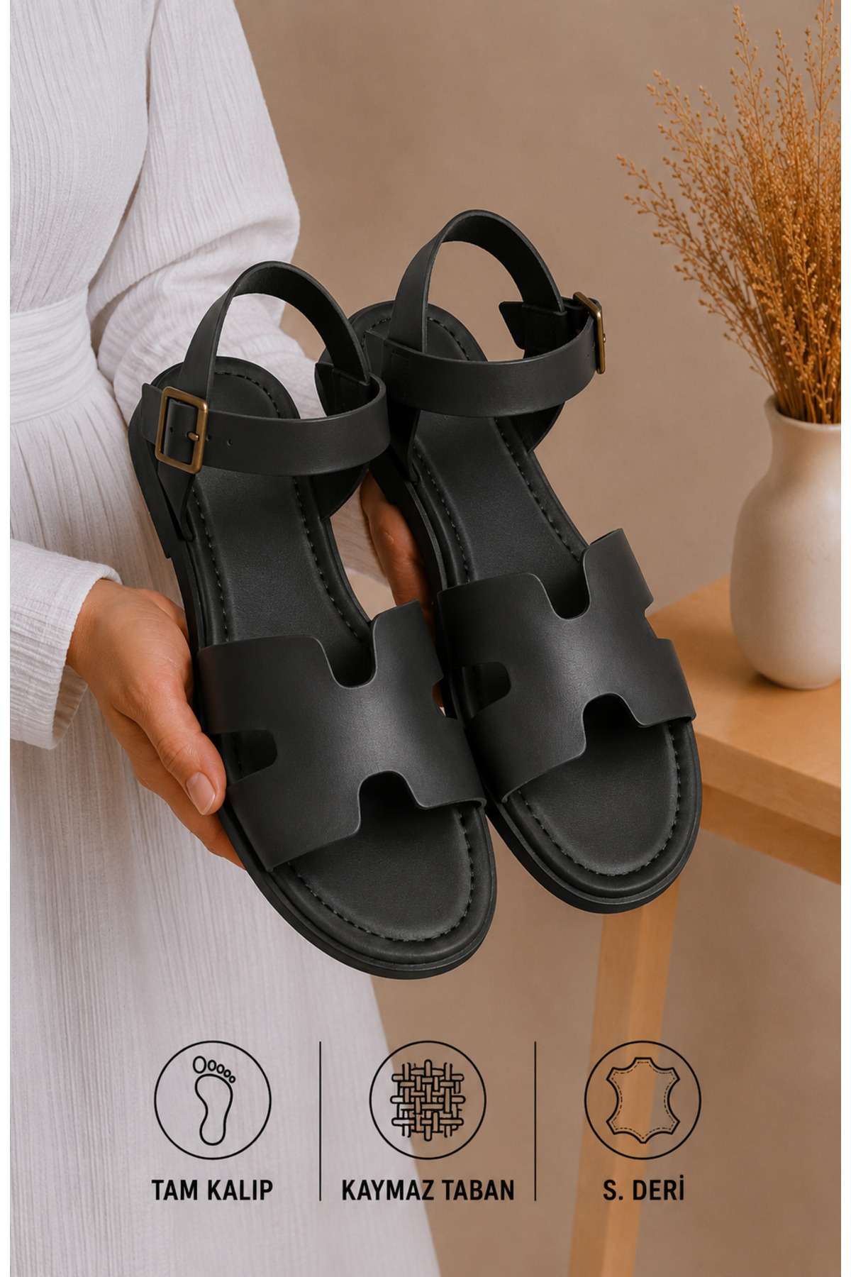 star shoes Черни кожени дамски ежедневни сандали с катарама