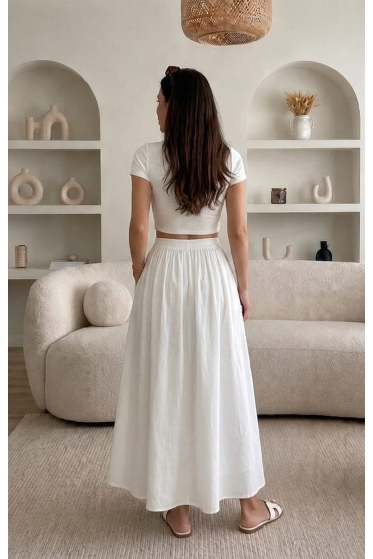 Gülmude  Çift Cepli Poplin Kumaş Beli Lastikli İç Göstermez Maxi Etek (90 CM) - Görsel 6