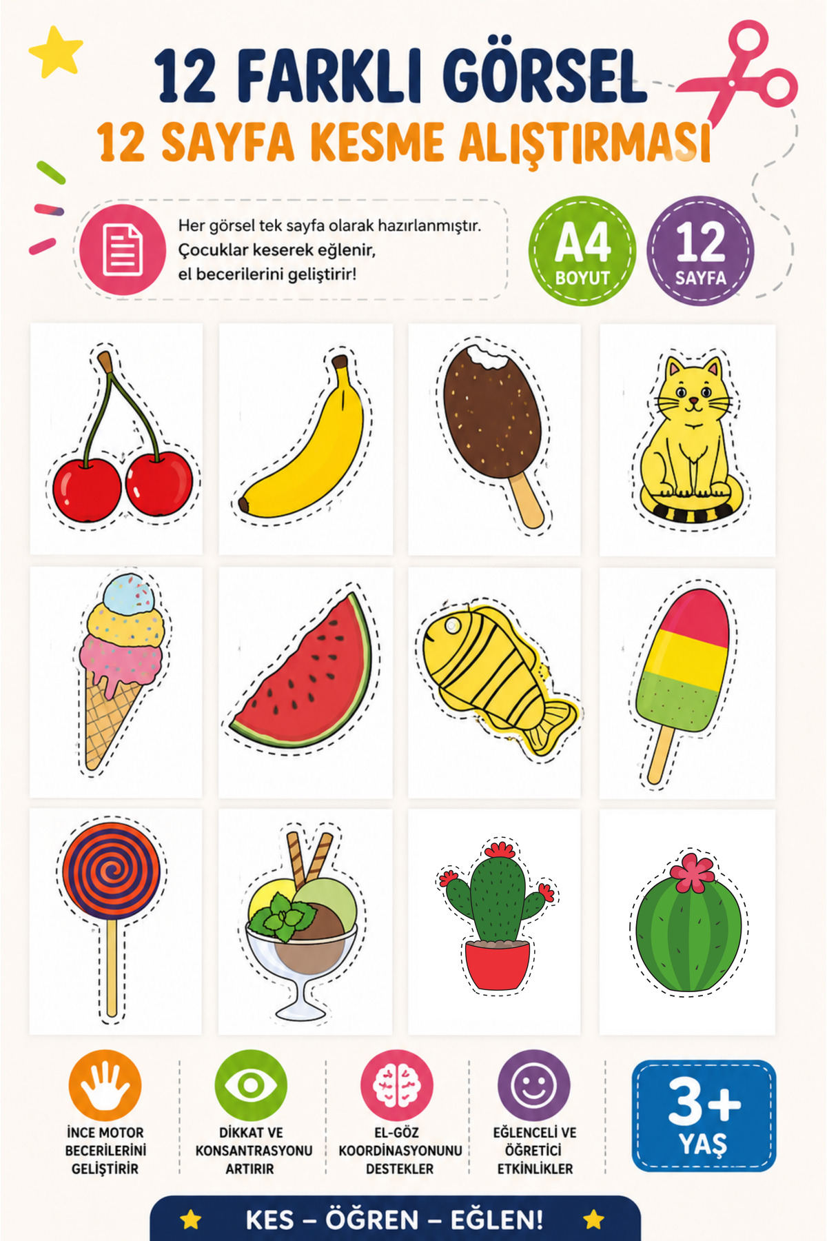 Organik Yolda Okul Öncesi Kesme Etkinlikleri 12 Sayfa A4 | Makas Kullanma Çalışmaları | İnce Motor Beceri Geliştirme | Montessori Etkinlik Seti 3-6 Yaş