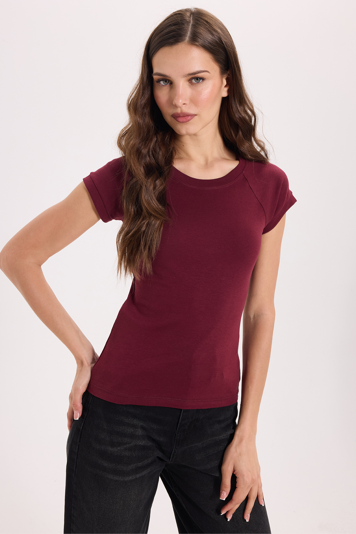 Tudors Women's Slim Fit Slim Fit Crew Neck Raglan Sleeve 100% Cotton Burgundy T-Shirt Blouse