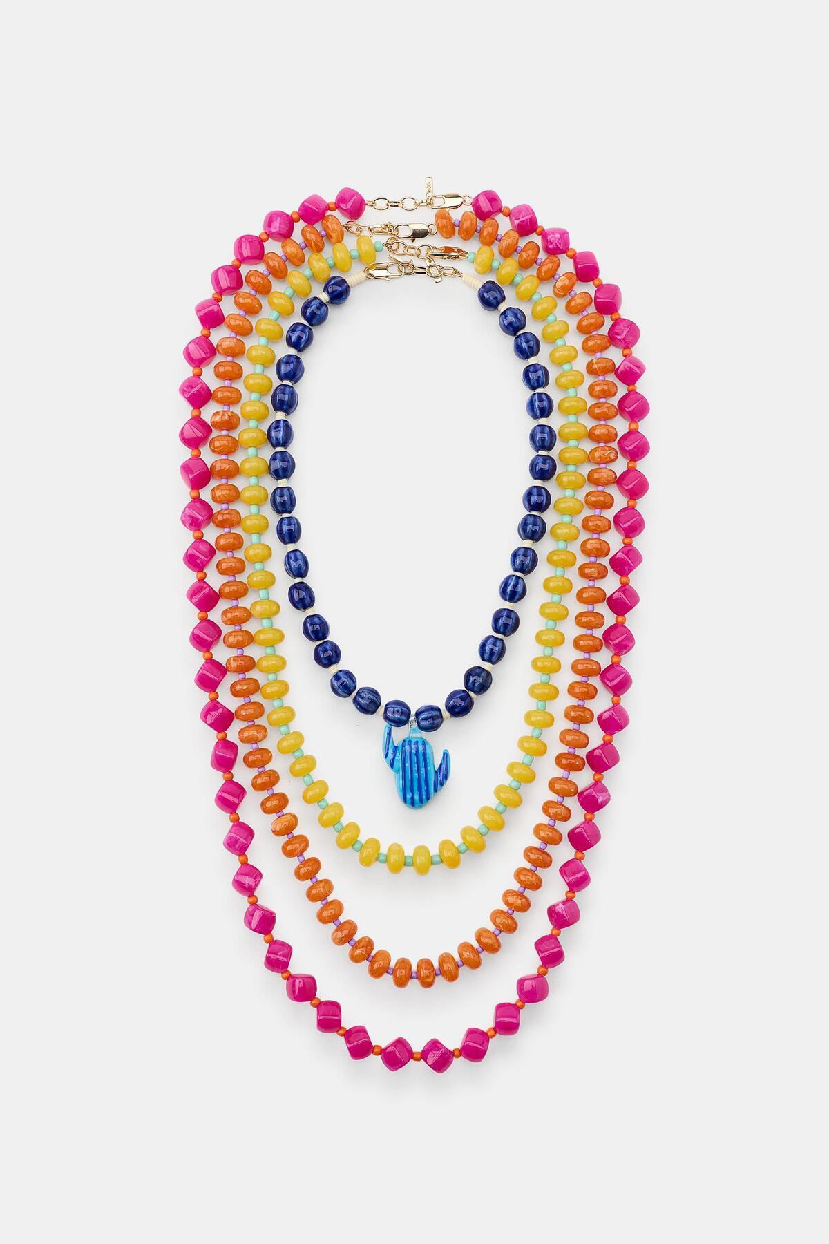 ZRA Model Marine Summer Collection Premium Cactus Detail Ceramic and Glass Beads Multiple Charm 4-Piece Necklace Set
