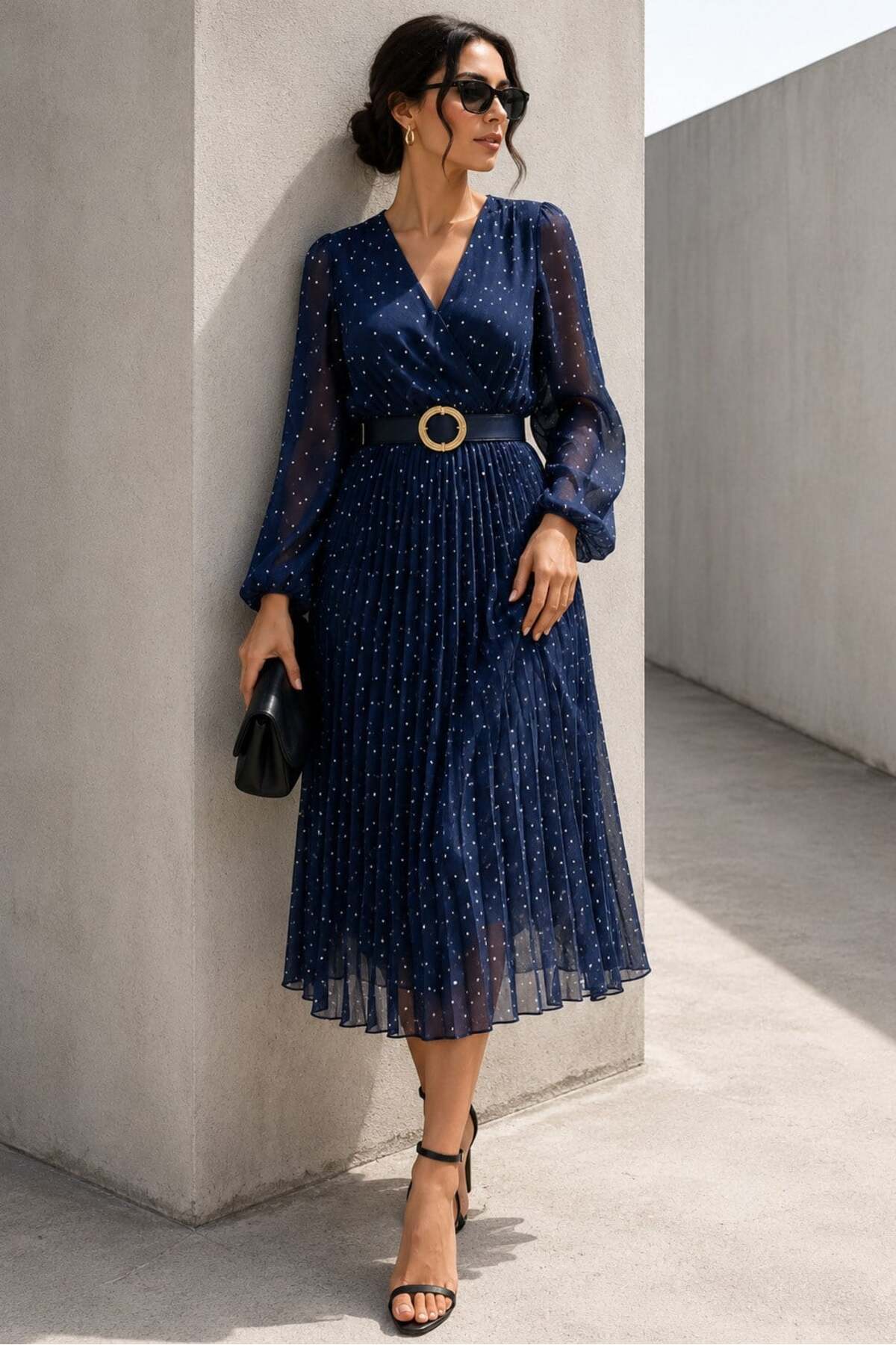 Madmext Navy Blue Double-Breasted Collar Polka Dot Chiffon Dress MG2065
