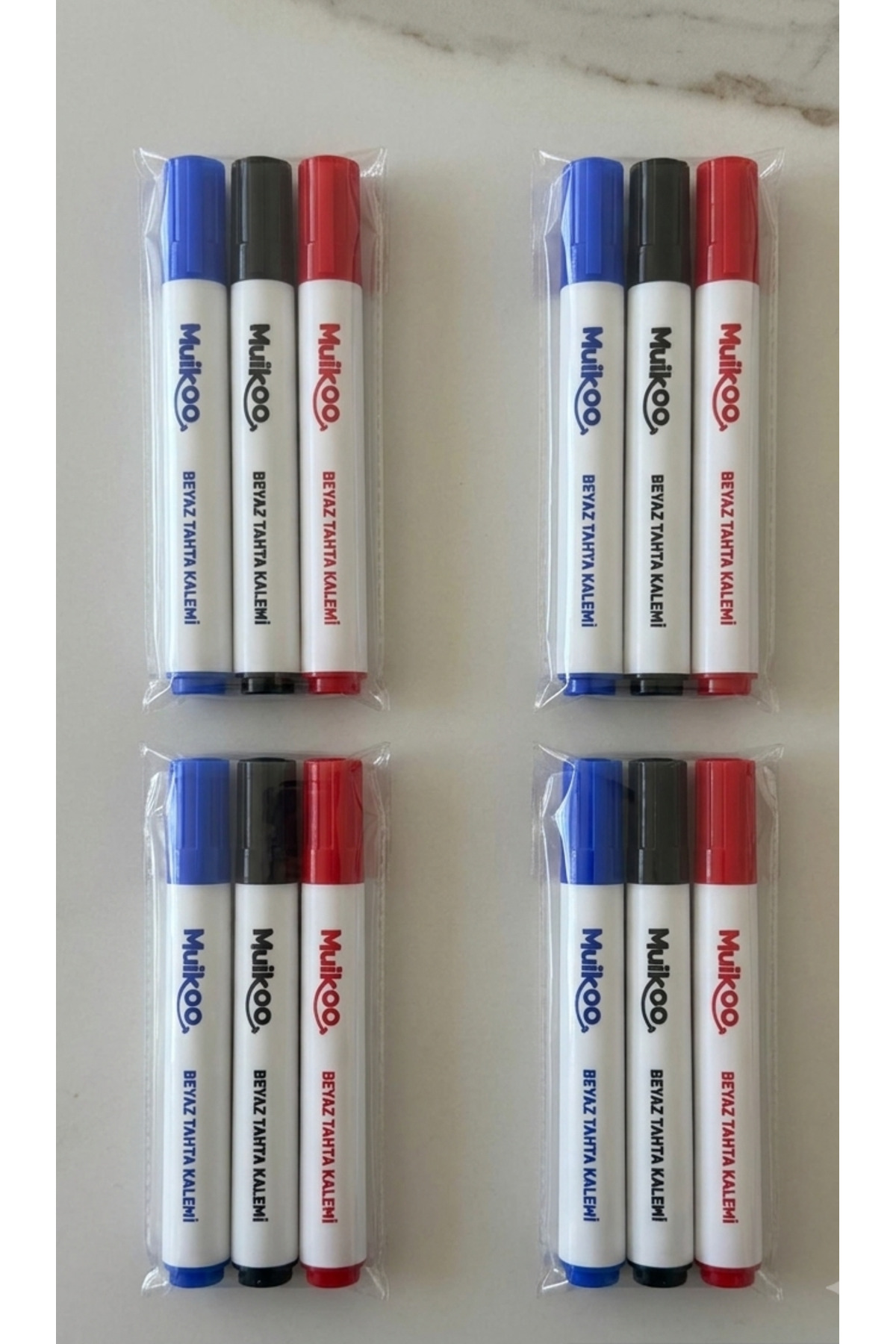 muikoo 4 Paket 3'lü Beyaz Tahta Kalemi Seti - Kırmızı, Mavi, Siyah