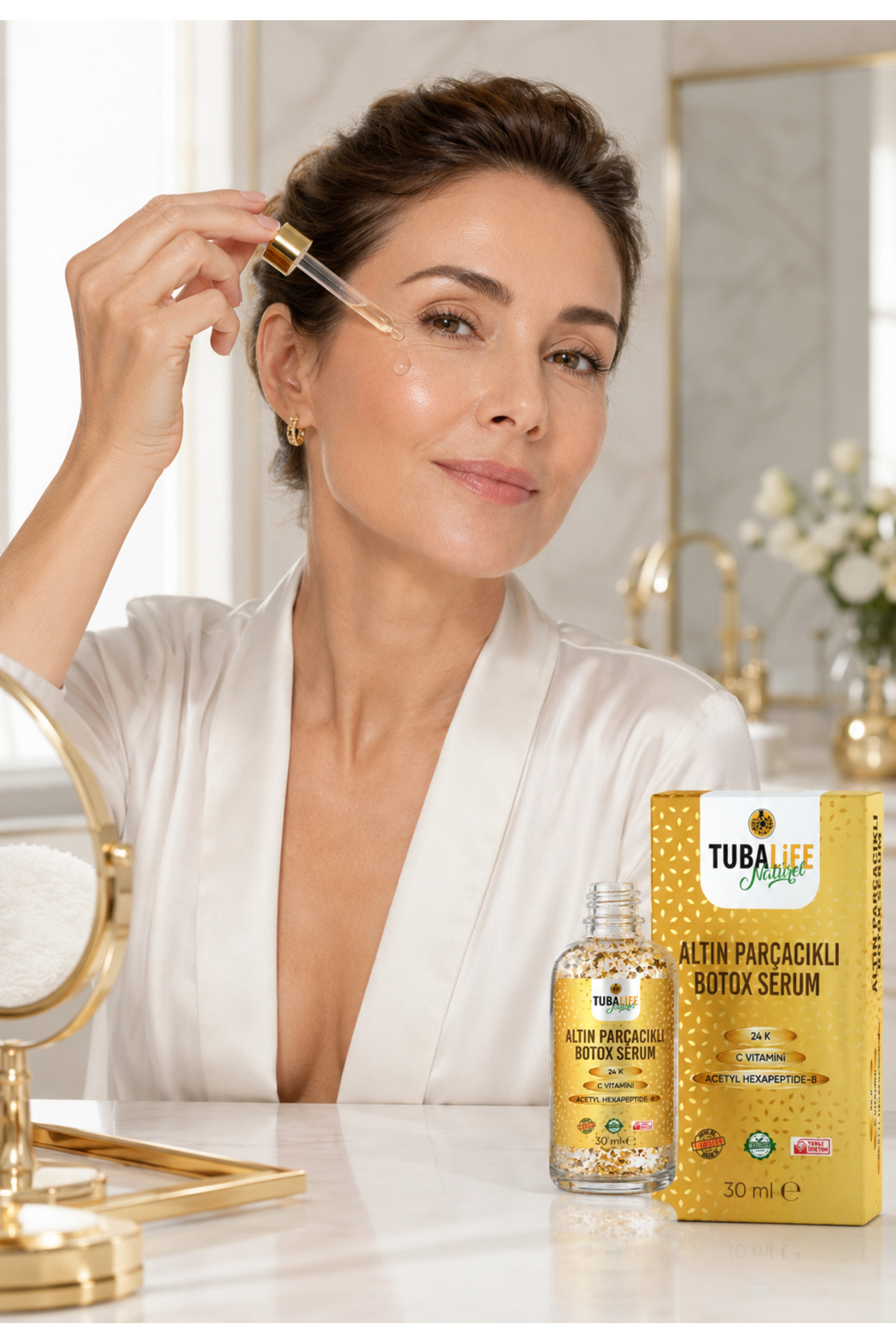 24k Altın Parçacıklı Kırışıklık Karşıtı Botoks Etkili Cilt Bakım Serumu - Yaşlanma Karşıtı - 30 ml — TB 060-003 — تصویر 4 از 8