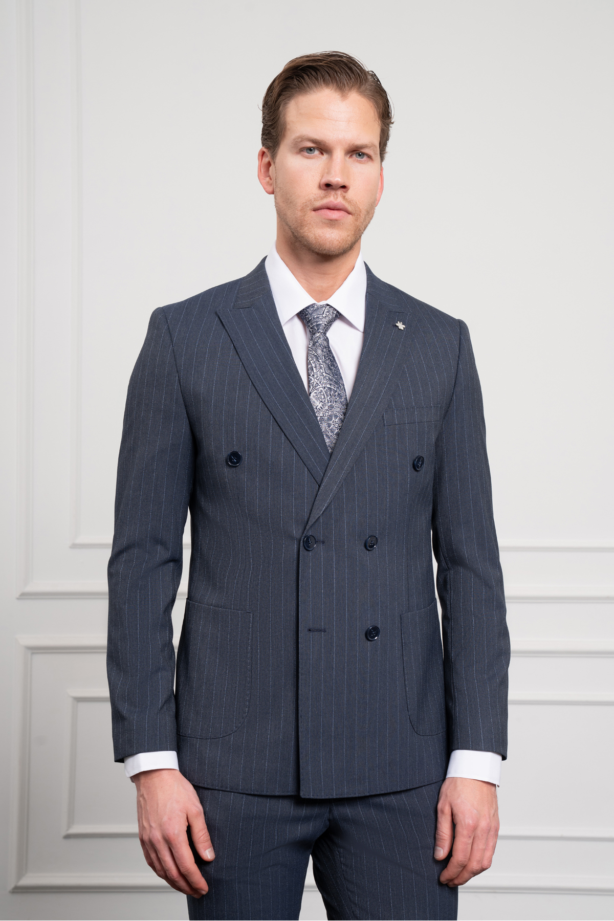 Morven Men's Navy Blue Trend Slim Fit Pointed Collar Double Breasted Suit