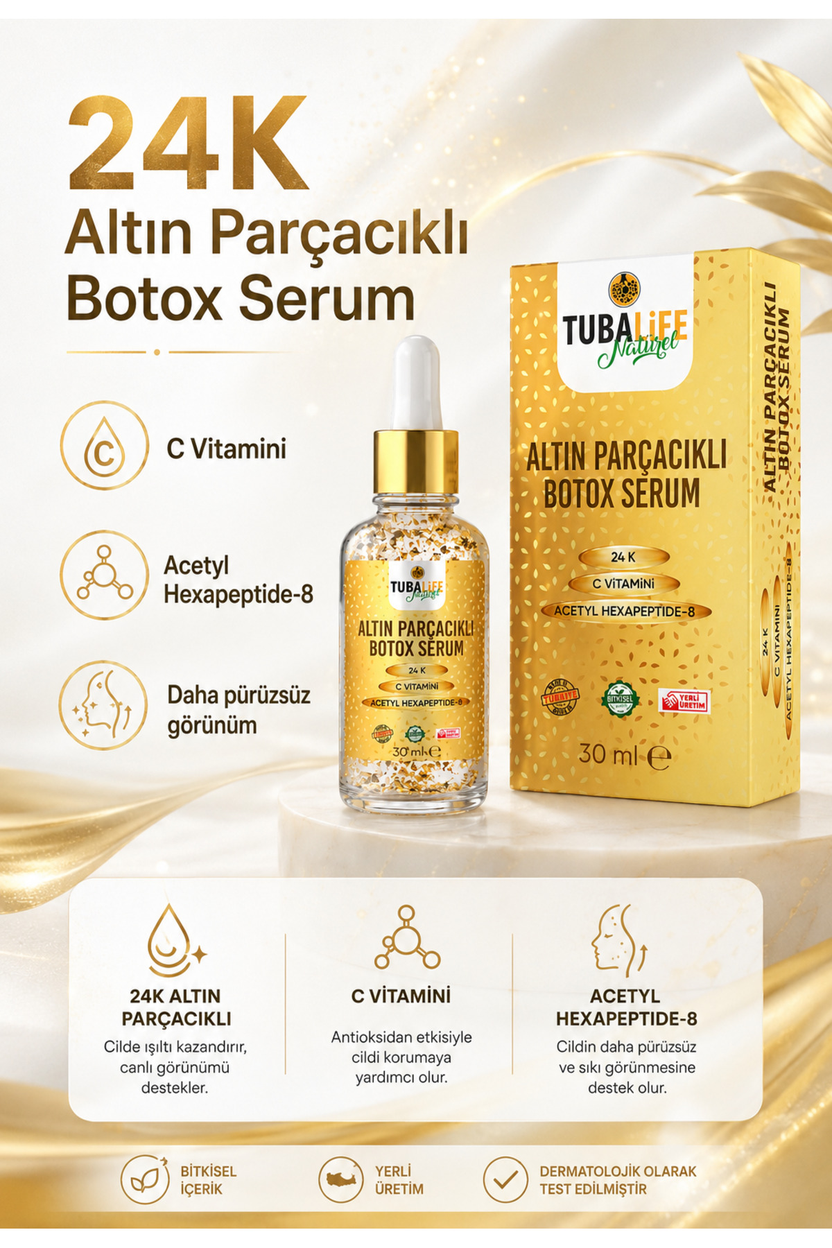 24k Altın Parçacıklı Kırışıklık Karşıtı Botoks Etkili Cilt Bakım Serumu - Yaşlanma Karşıtı - 30 ml — TB 060-003 — تصویر 5 از 8