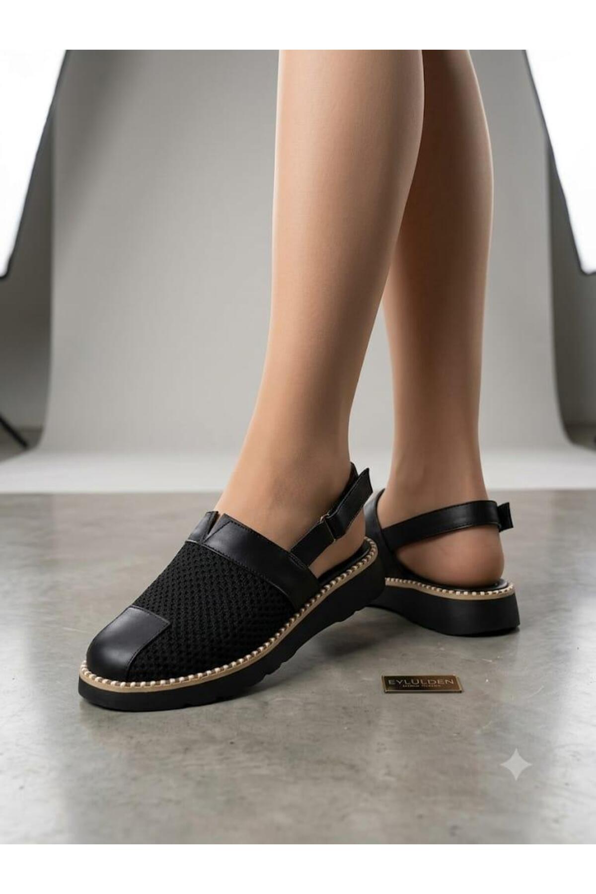 Hanımsoller Black Lace Knitwear Knitted Detailed Sandals
