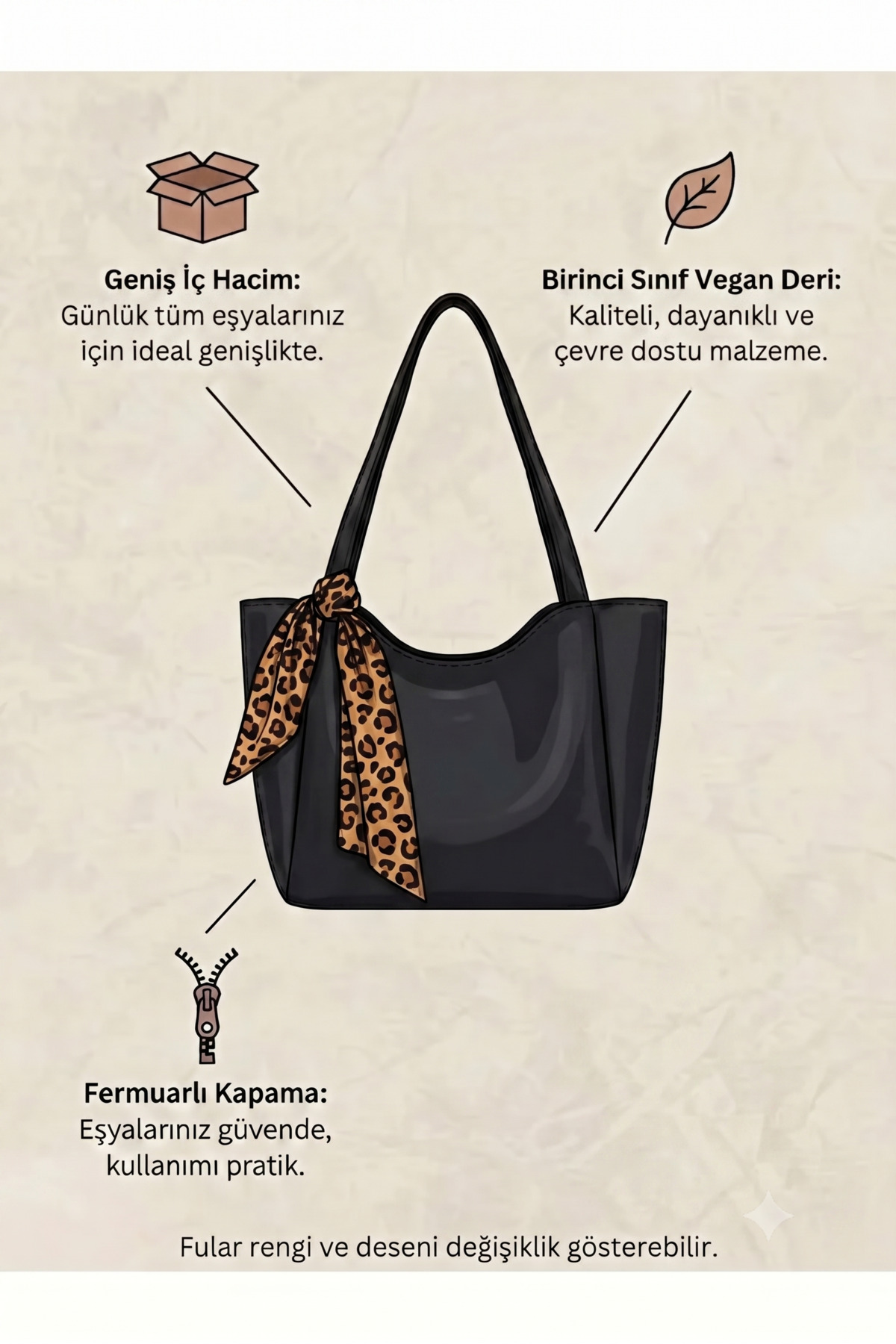 PurpleART Kadın Siyah Tote Çanta Fular Hediyeli Shopper Omuz Çantası 33x23x9cm görsel 4