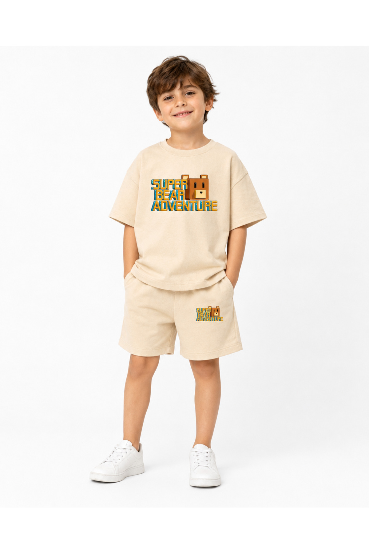 Super Bear Adventure Super Bear Printed Oversize 100% Cotton T-Shirt Shorts 2pcs Kids Set