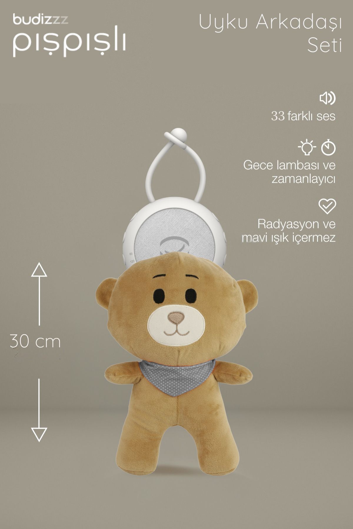 Budizzz White Noise Device | Baby Sleep Companion Grey Scarf Teddy Bear