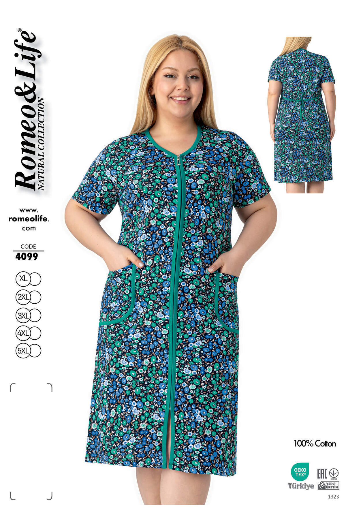 Women's Plus Size 100% Cotton Combed Fabric Zipper Summer Dress /Navy-Green 4099