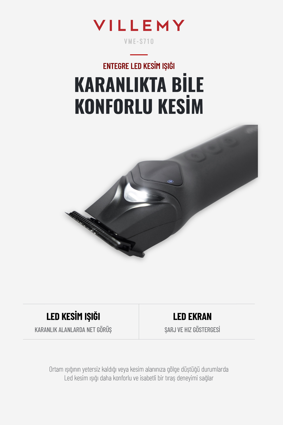 VME-S710 Profesyonel Saç Kesme, Sakal ve Ense Tıraş Makinesi Sıfıra En Yakın Kesim 0.1 mm T-Cut LED — خاکستری — تصویر 3 از 8