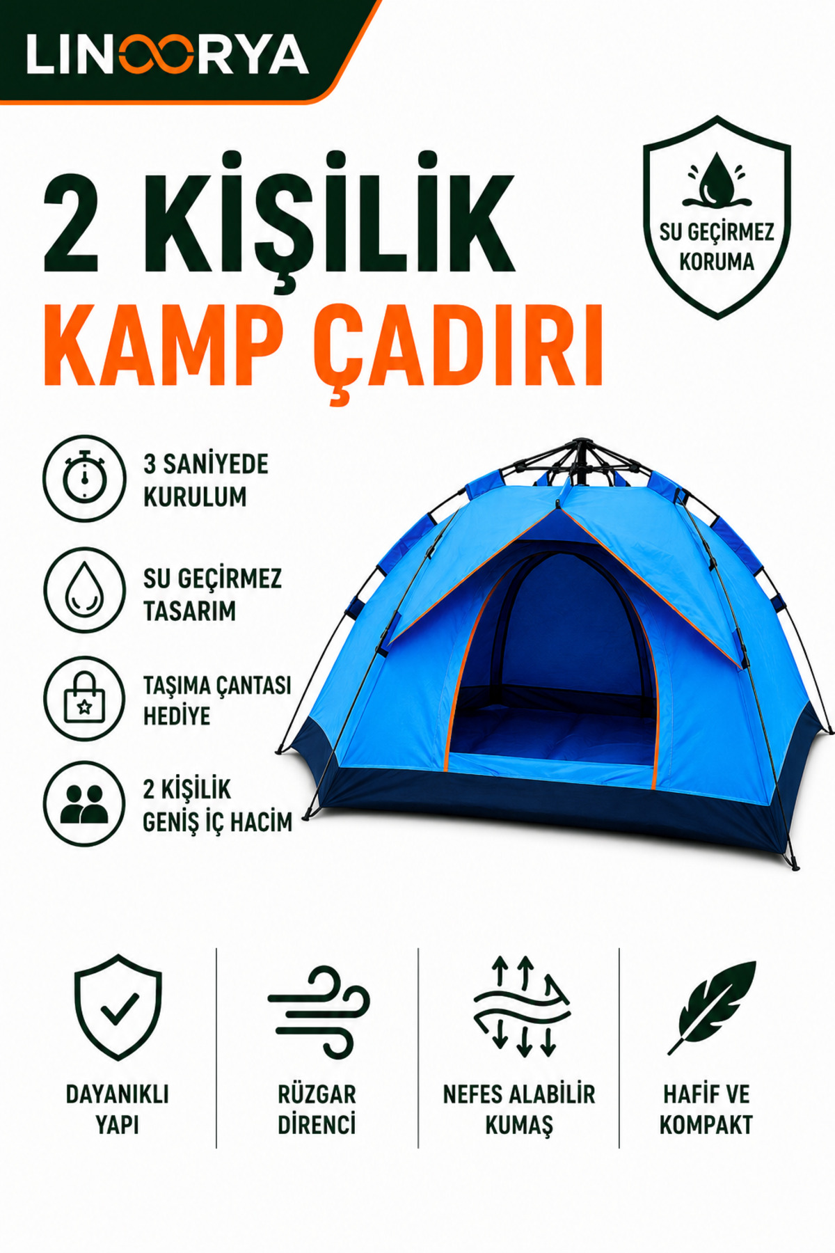 linarya 2 Kişilik Otomatik Kamp Çadırı 3 Saniyede Kurulum Su Geçirmez Taşıma Çantalı Outdoor Çadır