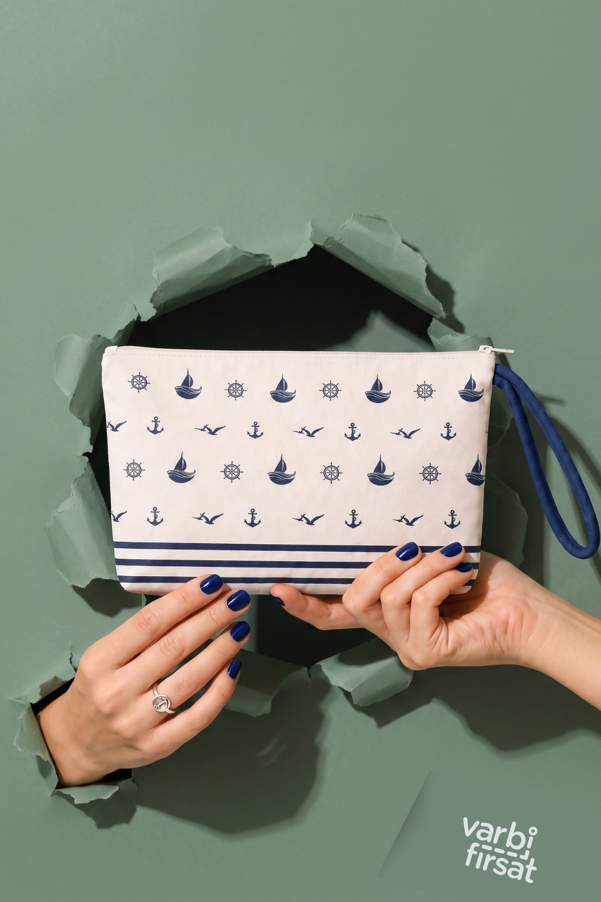 Varbifırsat Desenli Fermuarlı Clutch Çanta Bilek Askılı Günlük El ve Makyaj Çantası görsel 2