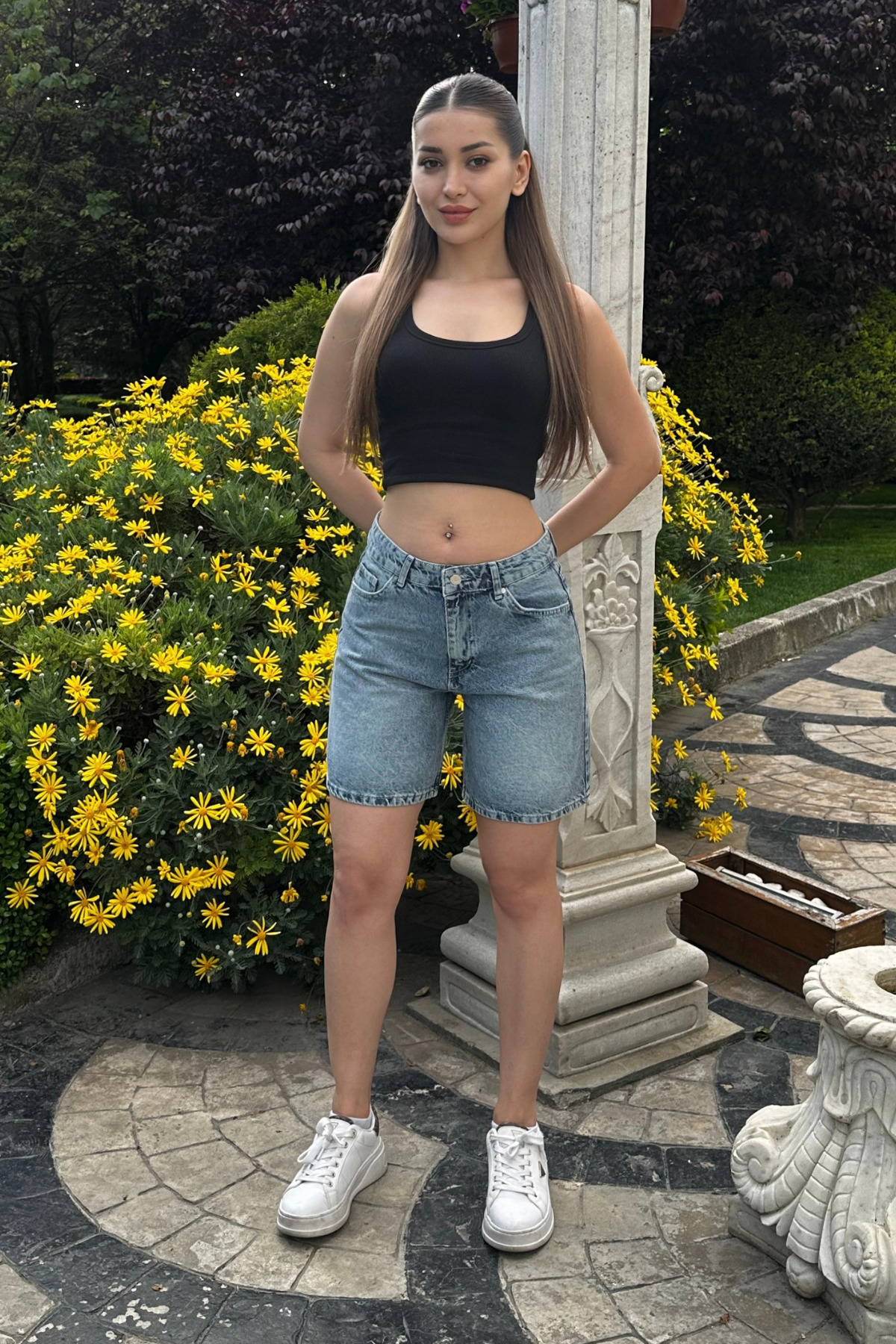 Kadın Vintage Efektli Yüksek Bel 5 Cepli Straight Fit Şort Jeans koyu mavi 5