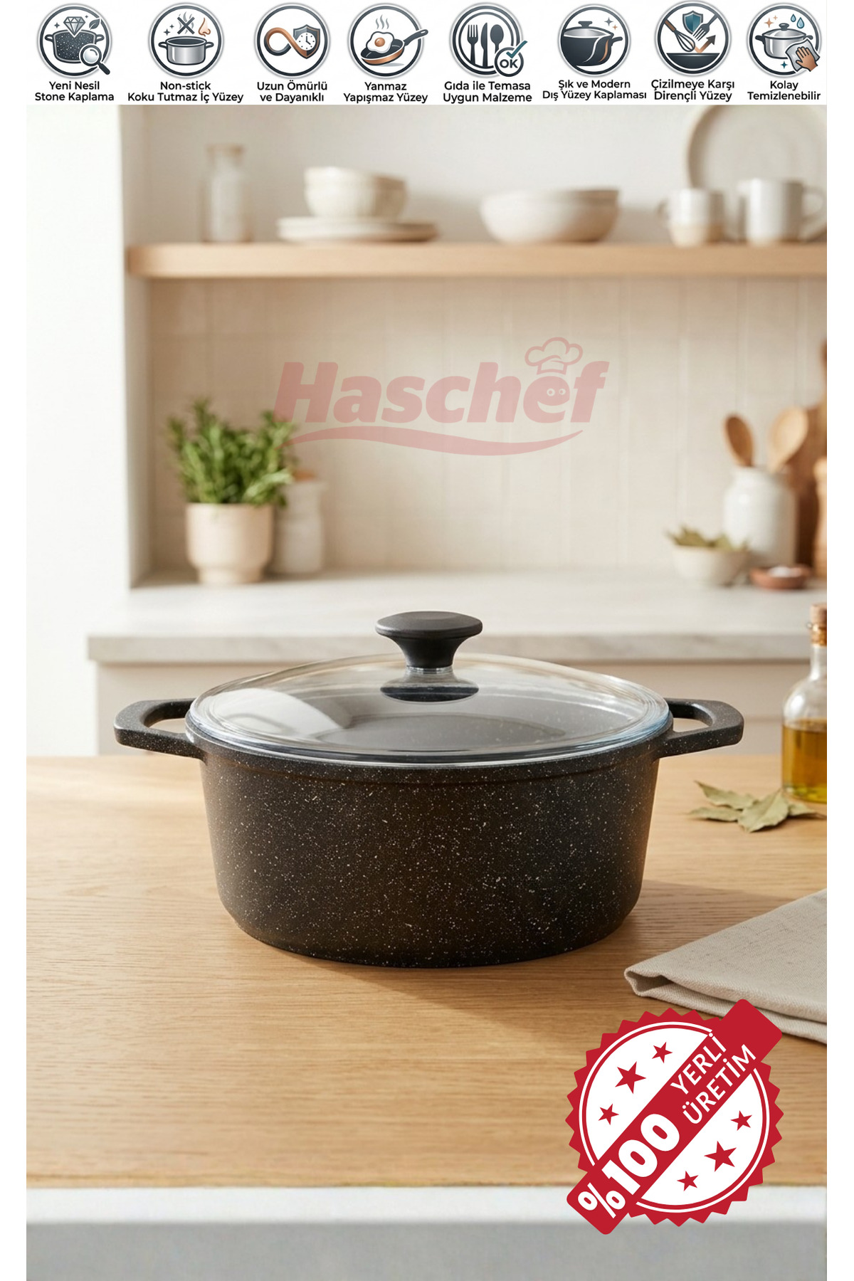 HASCHEF Elmas Döküm Yapışmaz Titanyum Kaplama Derin Tencere 24 Cm